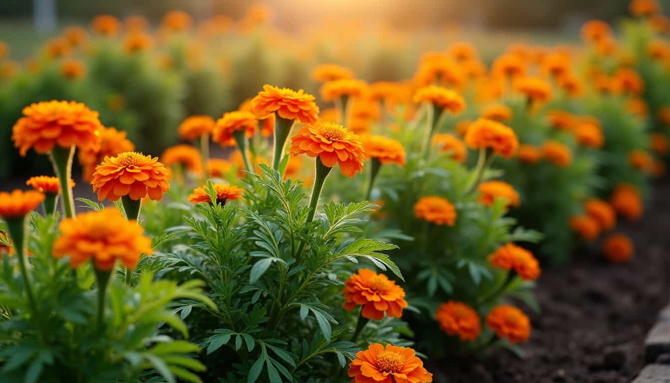 Tagètes intégrées dans un potager en pleine terre, formant une barrière naturelle autour des légumes