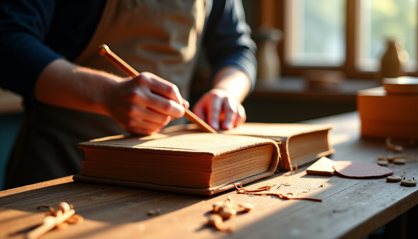Un artisan relieur travaillant sur un livre relié à l