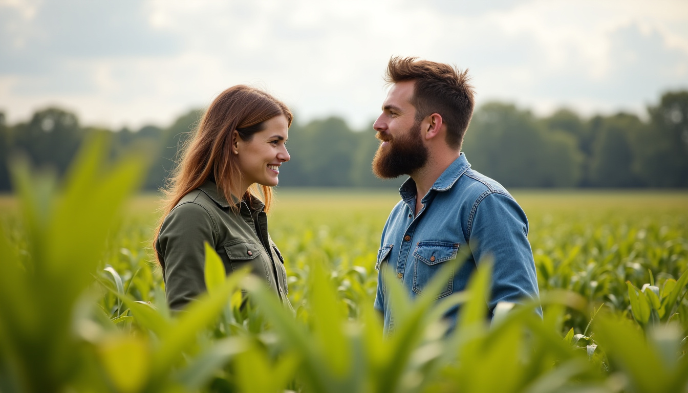 Un particulier discutant avec un agriculteur près d’un champ de foin