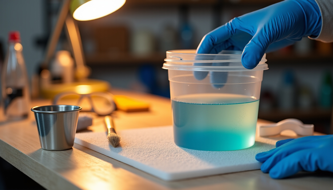 Utilisation de la résine polyester dans un atelier de bricolage avec outils et protection