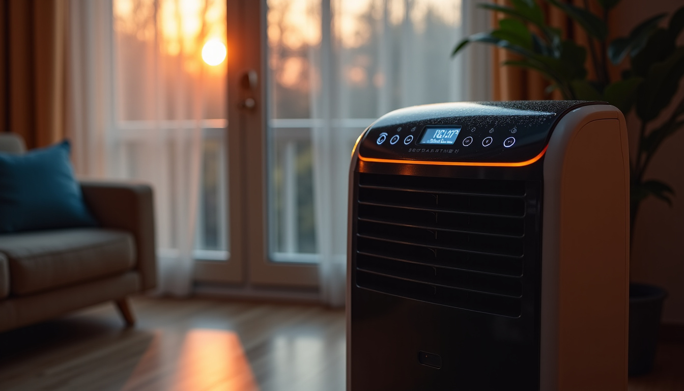 Appareil de climatisation sans évacuation posé dans un salon, avec voyants allumés et panneau de commande visible