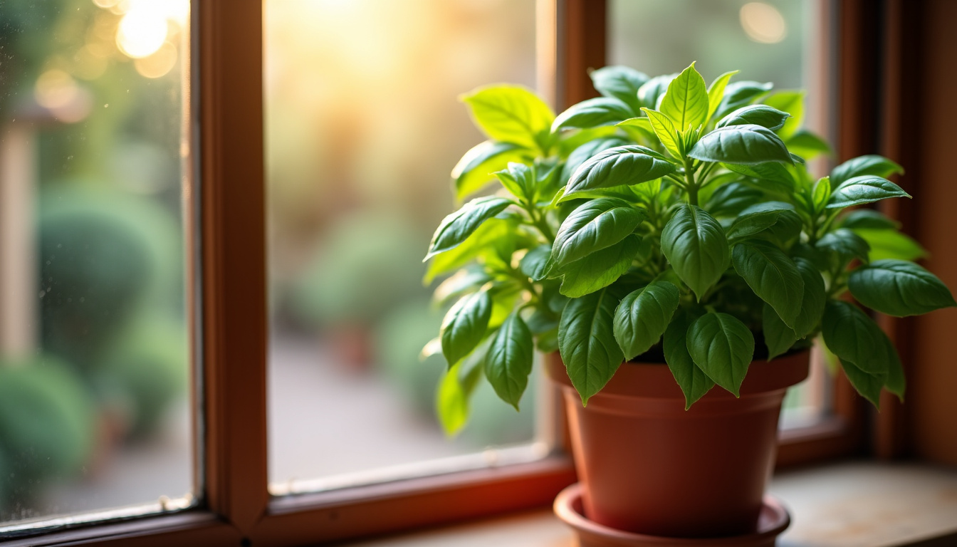 Basilic Genovese en pot sur un rebord de fenêtre, feuilles vertes et brillantes