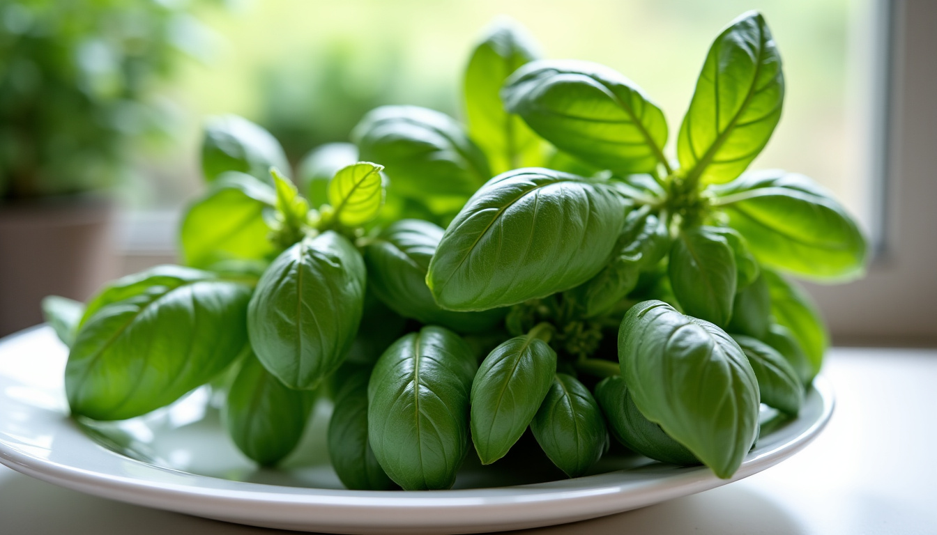 Branches de basilic frais avec feuilles vertes, fermes et brillantes, sans taches ni flétrissure