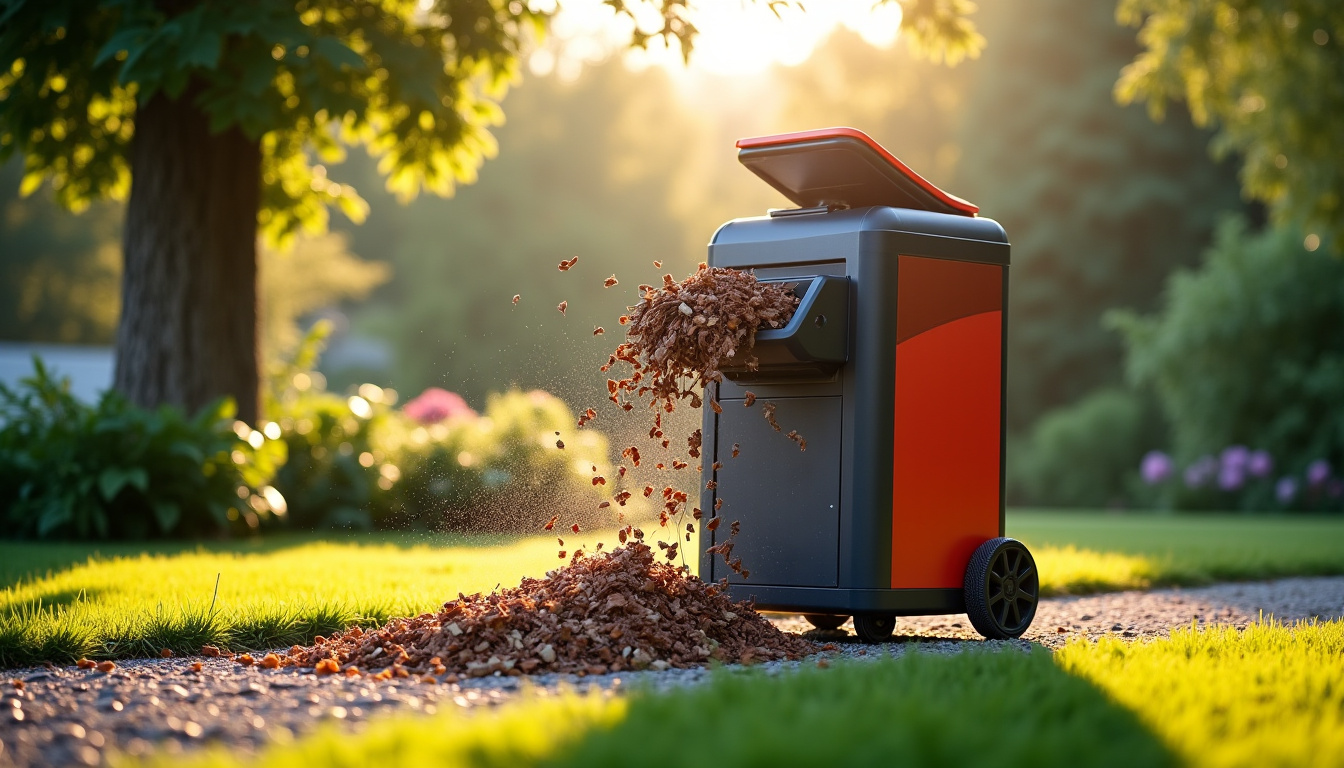 Broyeur de végétaux électrique en fonctionnement dans un jardin