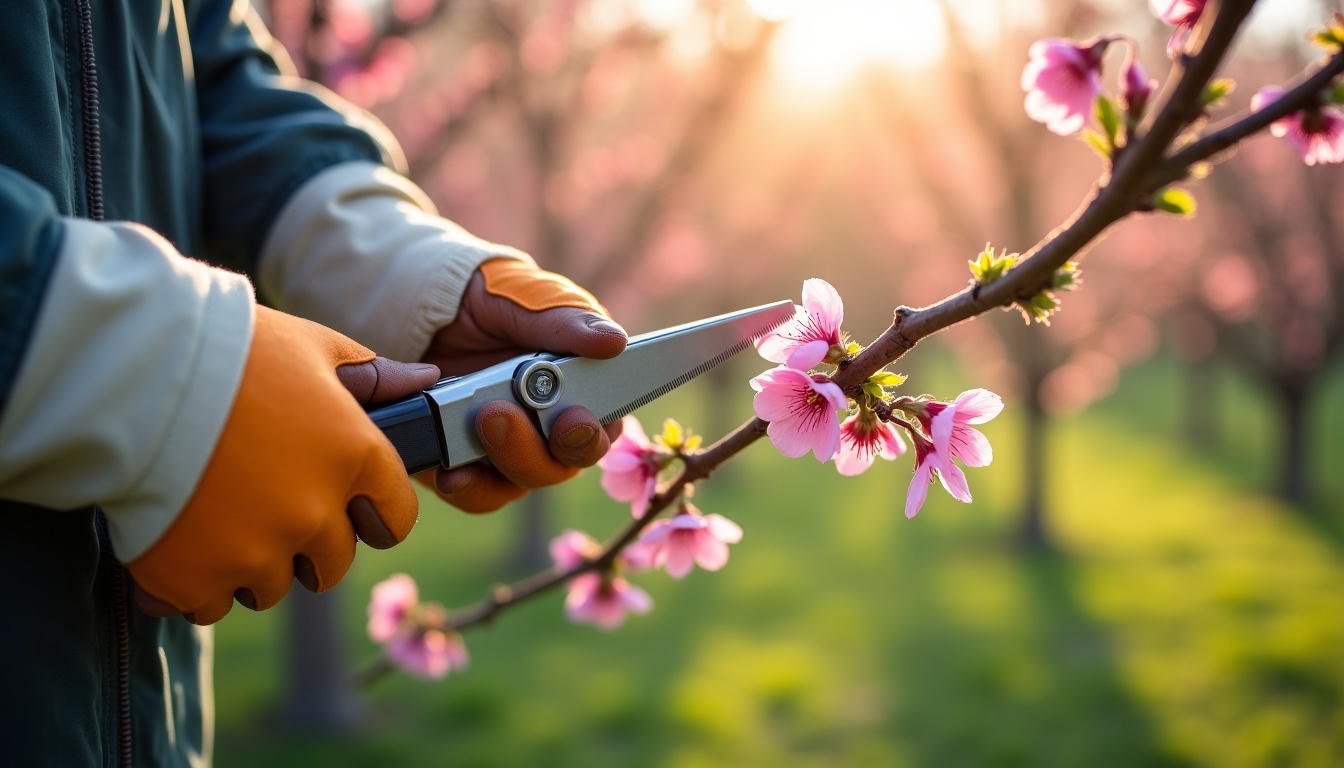 Cerisier en cours de taille de formation avec sécateur et scie égoïne