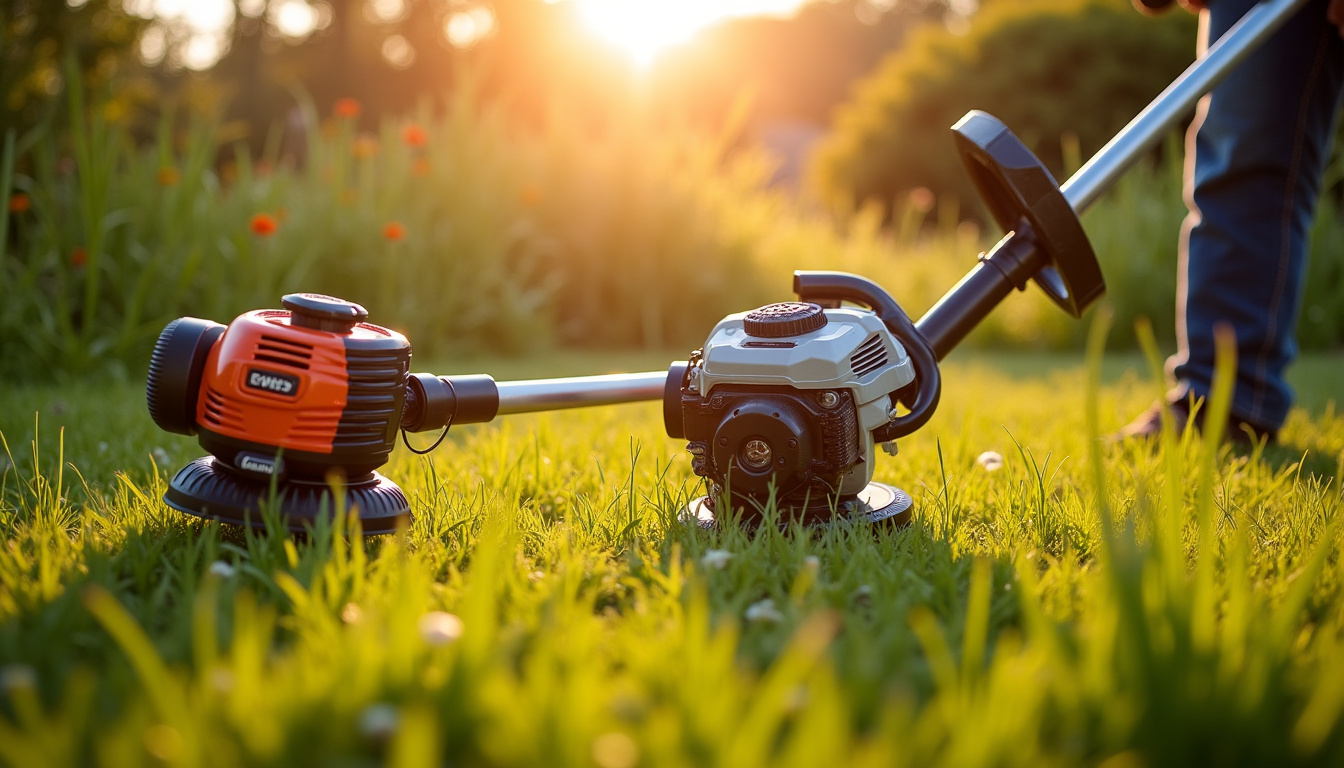 Comparaison entre une débroussailleuse thermique et un modèle sur batterie en action