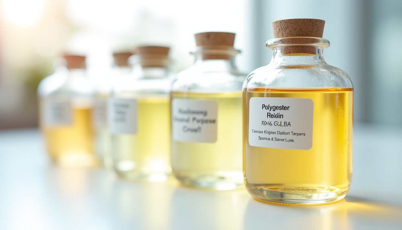 Différents types de résine polyester en flacons avec étiquettes explicatives