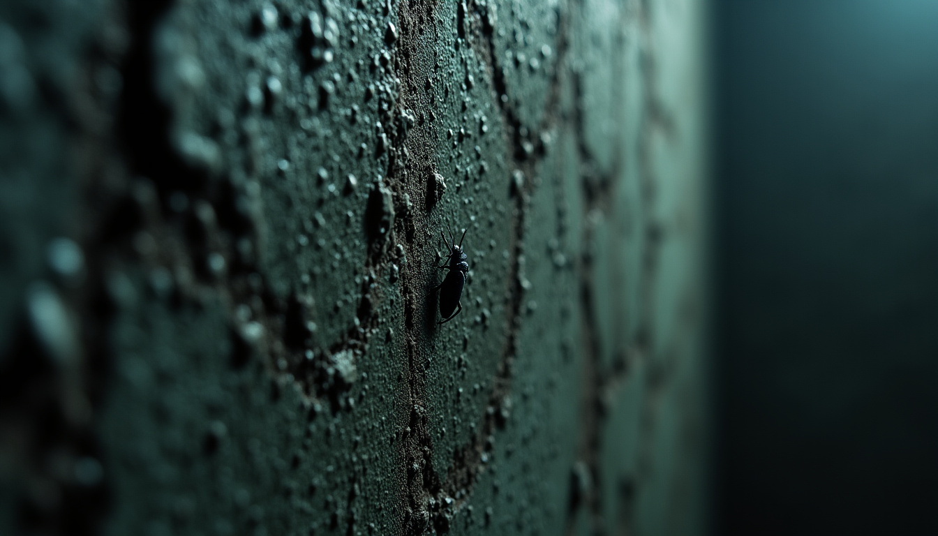 Environnement humide dans une cave avec des taches de moisissure et un insecte noir sur un mur
