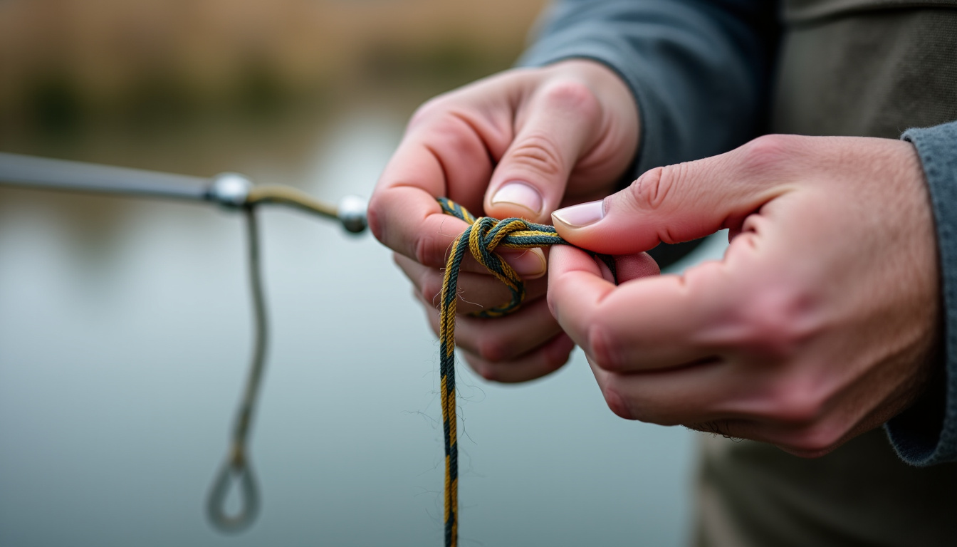 Étapes du tressage initial du nœud FG, avec la tresse enroulée autour du fluorocarbone sous tension