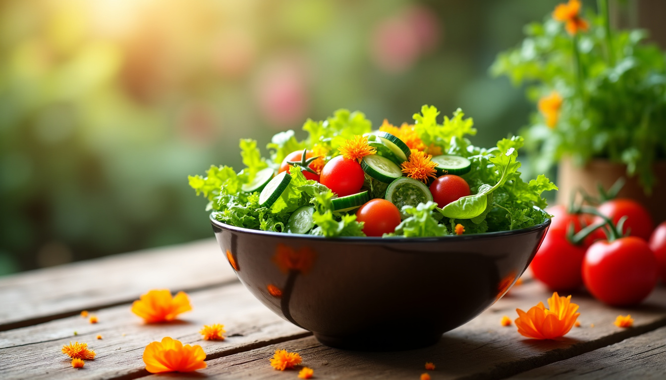 Fleurs de tagète utilisées comme garniture dans une salade composée