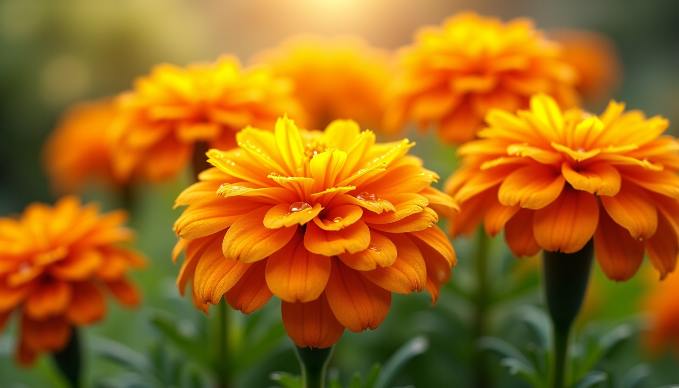 Fleurs de tagètes en pleine floraison, avec des pétales jaunes et oranges vifs