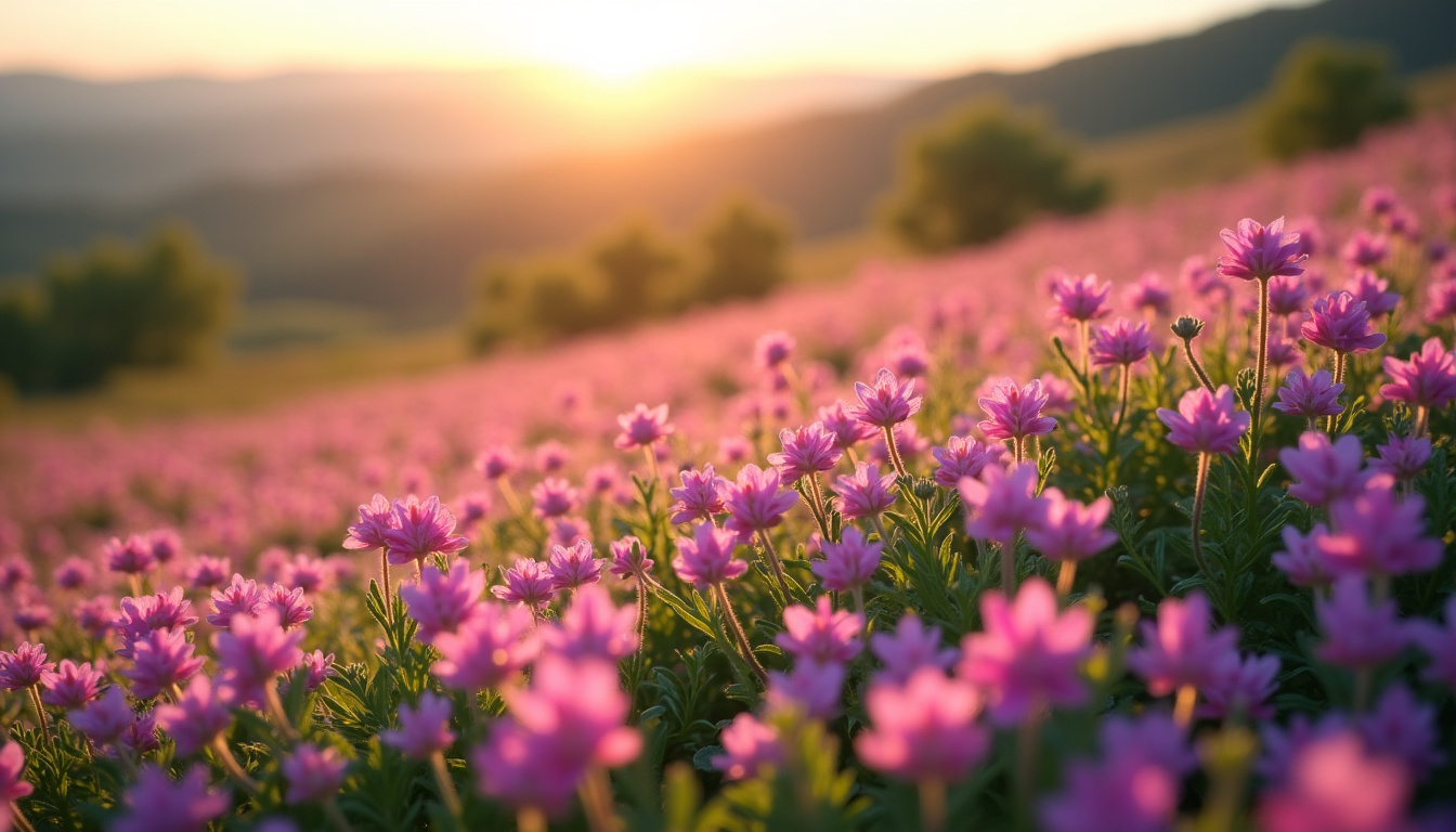 Floraison dense de thym serpolet en plein été, formant un tapis rose-violet