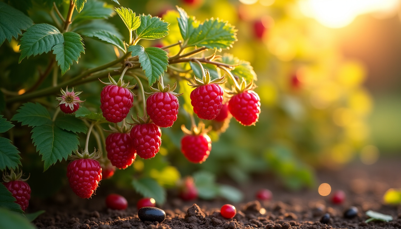 Framboisiers cultivés dans un jardin ensoleillé avec des fruits matures visibles sur les branches