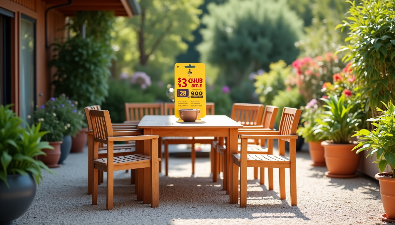 Illustration de promotions sur des salons de jardin en magasin avec étiquettes de réduction