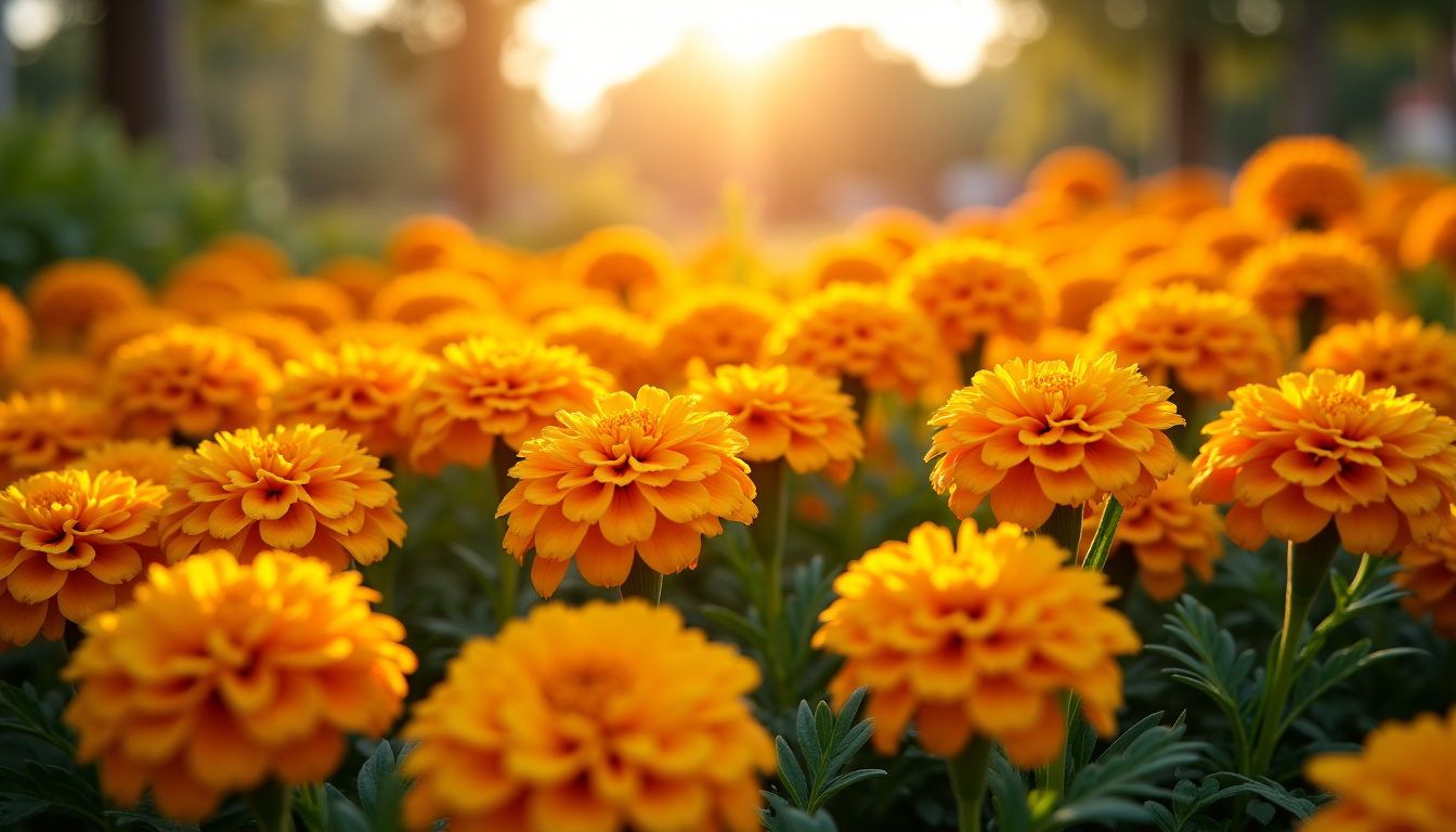 Massif de tagètes en pleine floraison dans un jardin ensoleillé
