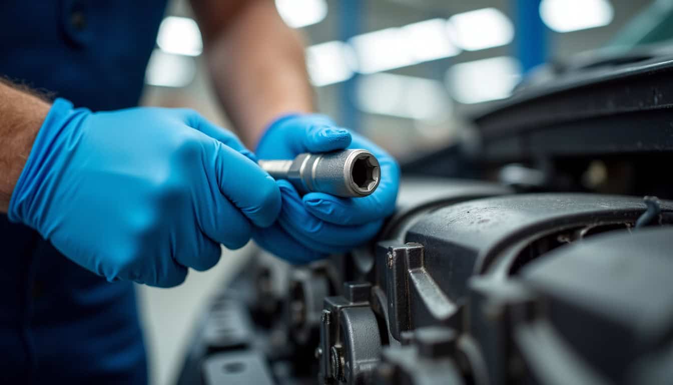 Mécanicien utilisant une douille Torx femelle sur une pièce automobile dans un atelier bien éclairé