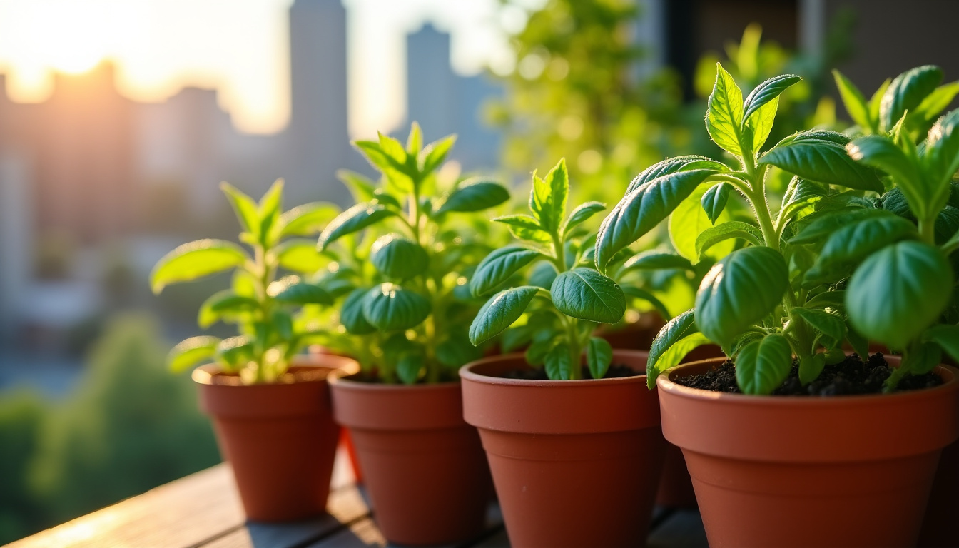 Micro-potager urbain avec plusieurs variétés de basilic cultivées dans de petits contenants sur un balcon