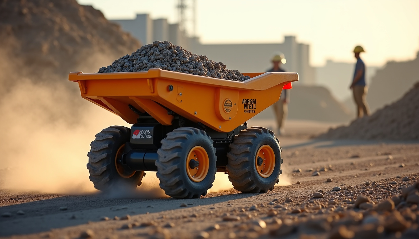 Mini dumper thermique à roues en action sur un chantier de construction avec gravats
