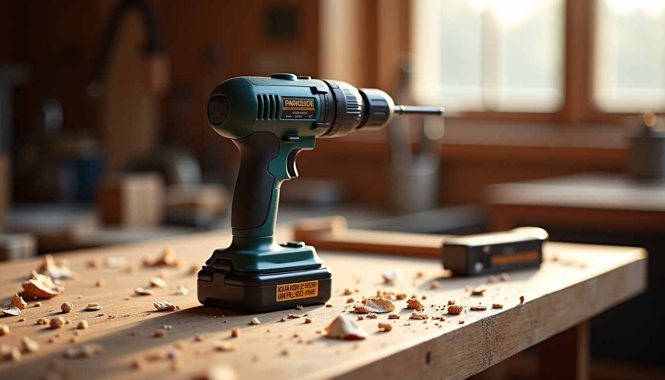 Perceuse sans fil Parkside posée sur un établi