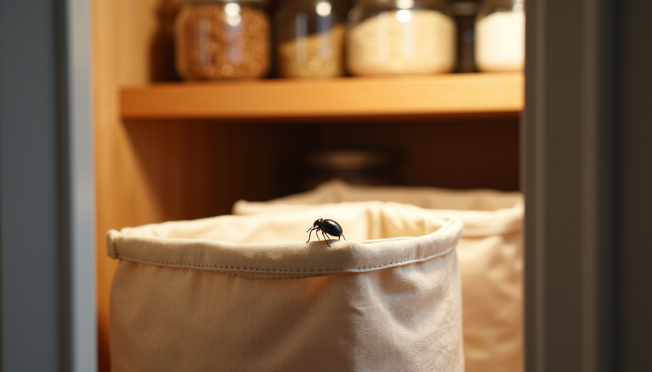 Petite bête noire dans un placard de cuisine, probablement un charançon sur un sachet de farine