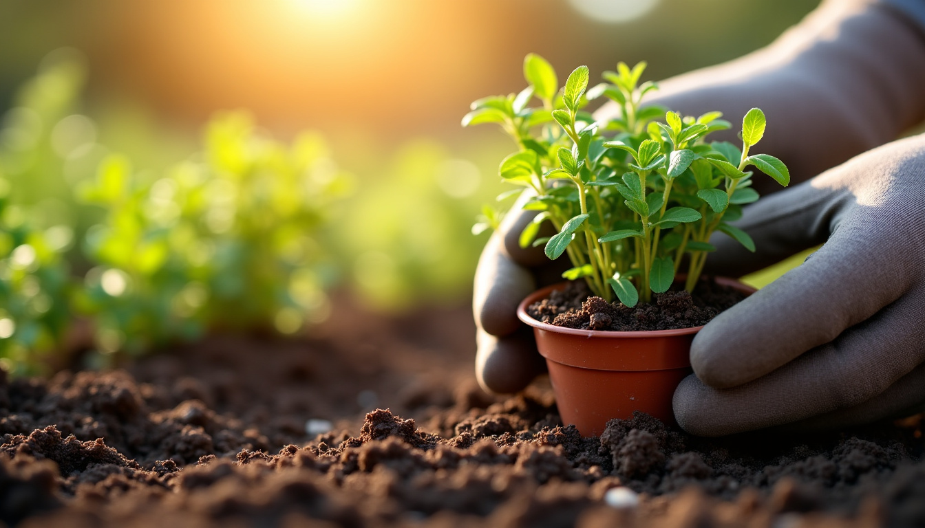 Plantation de jeunes plants de thym serpolet en godets dans un jardin