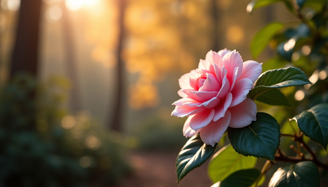 Premières fleurs de camélia ouvrant leurs pétales en automne
