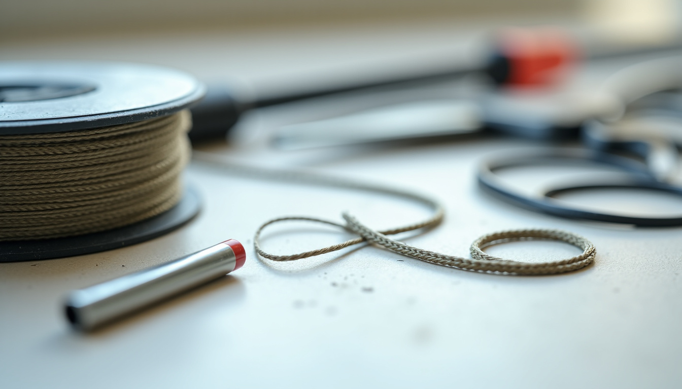 Préparation des matériaux pour réaliser un nœud FG: tresse, fluorocarbone, ciseaux et briquet posés sur une surface claire