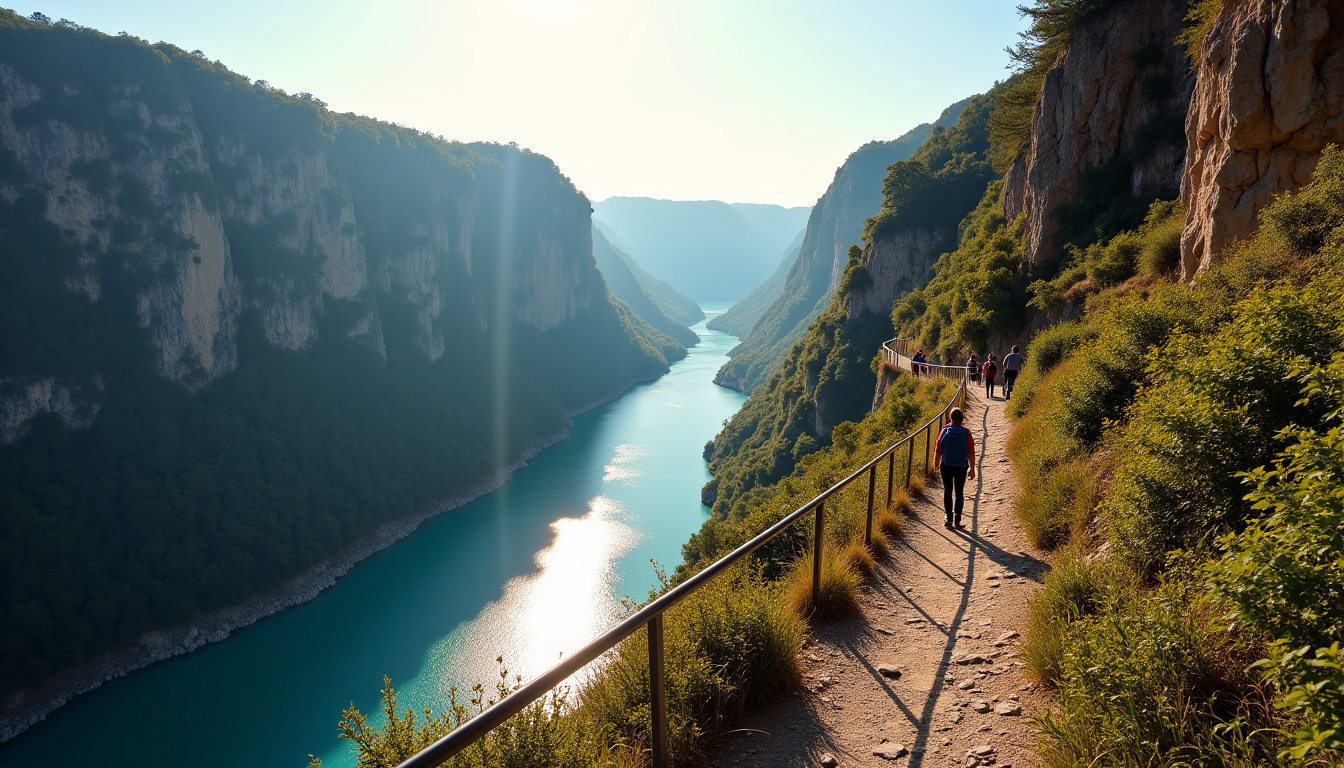 Randonneurs sur un sentier escarpé longeant les gorges de la Vis avec vue sur la rivière en contrebas