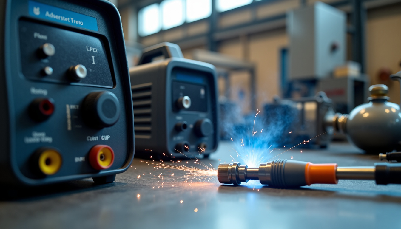 Vue détaillée des composants d’un poste à souder MIG-MAG: générateur, dévidoir, torche, bouteille de gaz