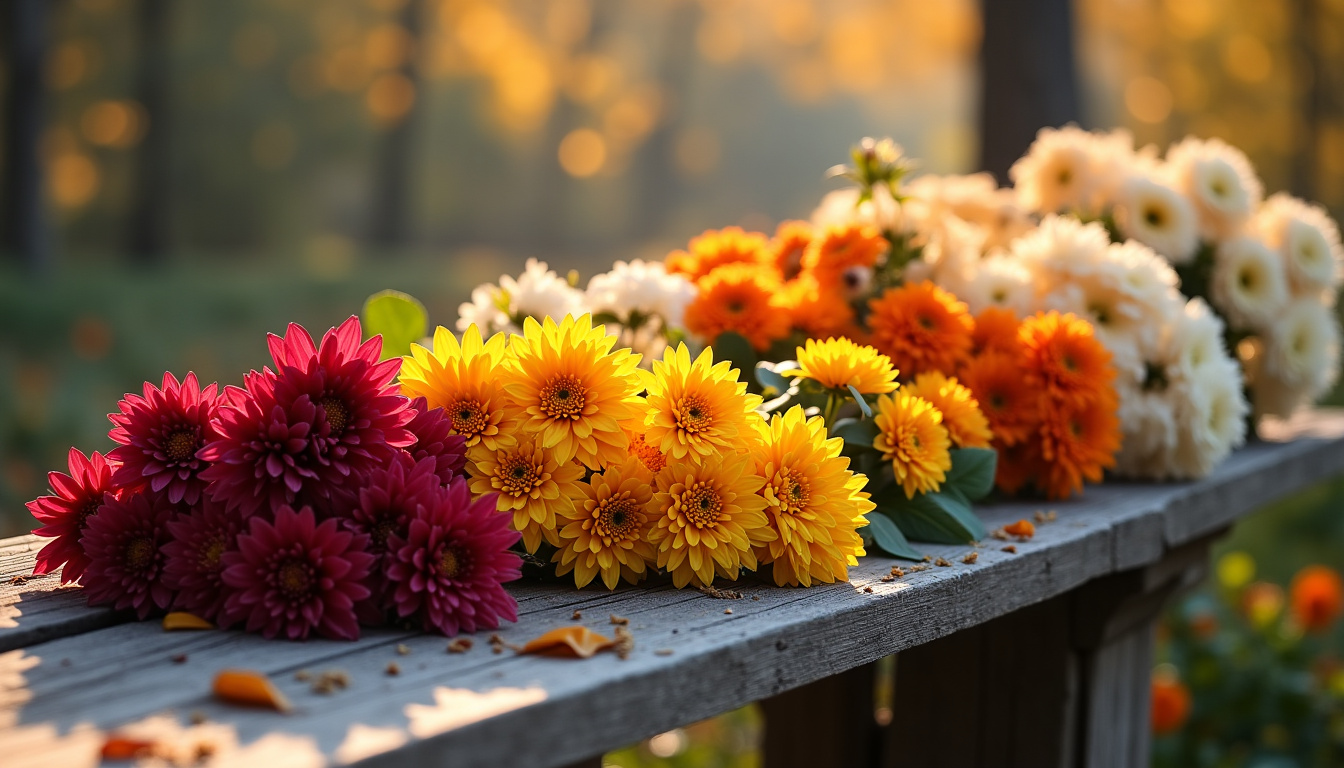 Affichage de différentes variétés de chrysanthèmes sur un banc de jardin