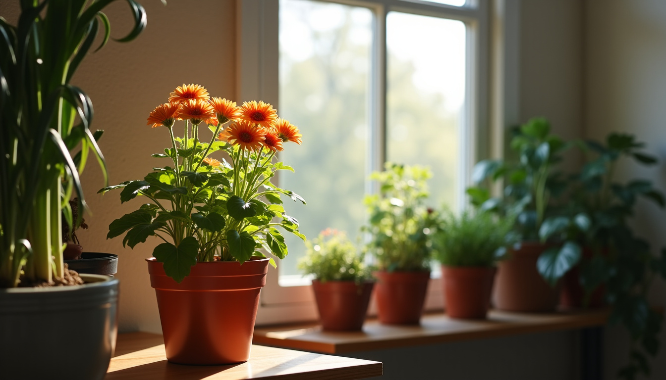 Chrysanthème en pot placé dans un garage pour l’hiver