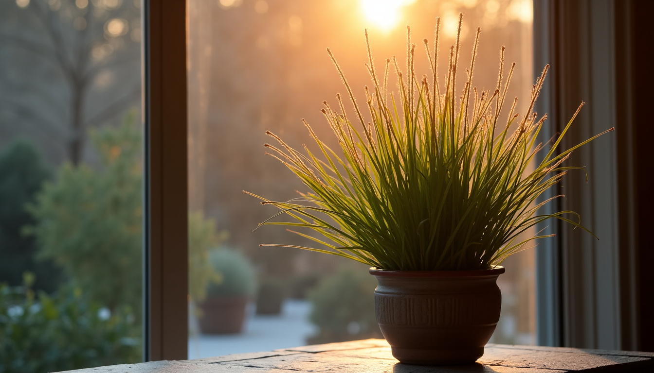 Cyperus papyrus en pot placé dans une véranda lumineuse pour l’hivernage