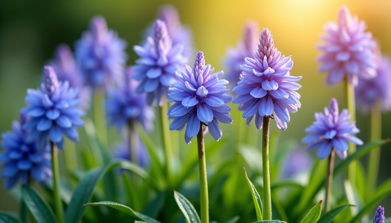 Différentes variétés d’agapanthes en fleurs, montrant des nuances de bleu, violet et blanc