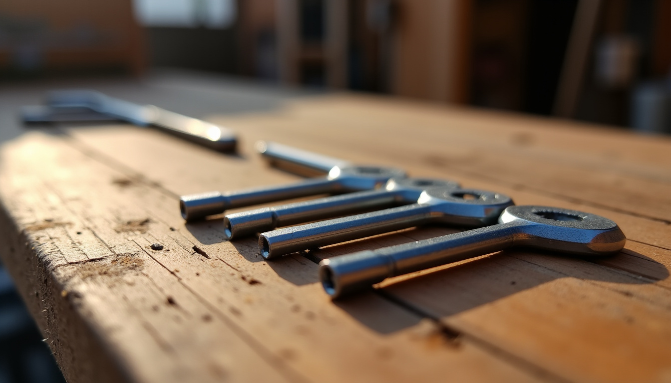 Différents types de clés Allen posées sur un établi en bois