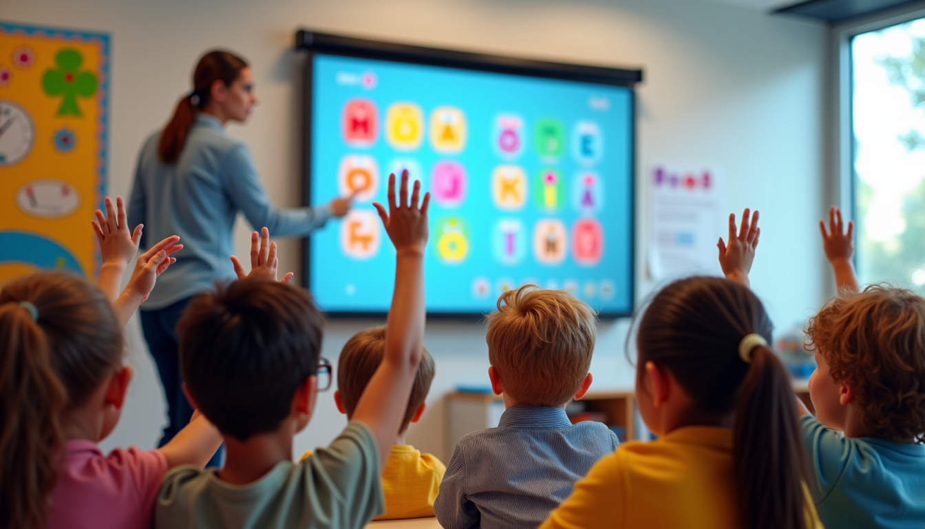 Enseignante utilisant e-primo avec ses élèves en classe sur un tableau numérique interactif