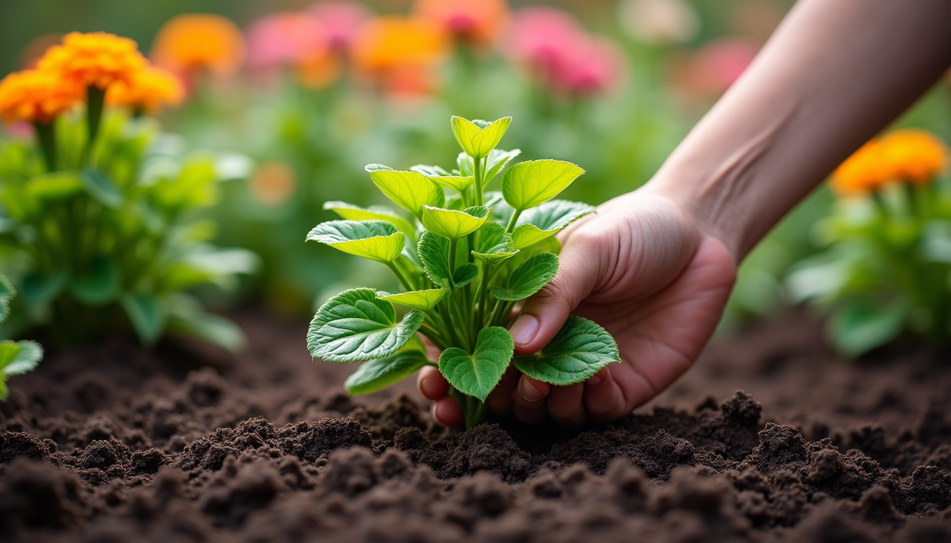 Main plantant une agapanthe en pleine terre, avec un trou bien creusé et du compost ajouté