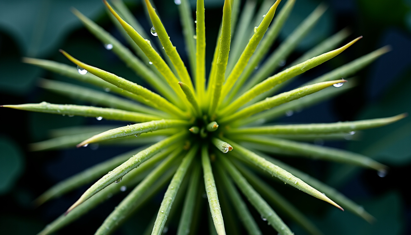 Ombelle rayonnante du Cyperus papyrus vue de dessus, montrant les bractées disposées en étoile