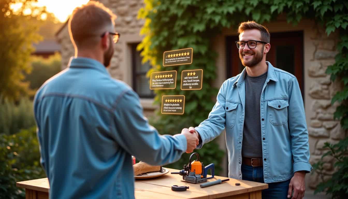 Photographie d’un artisan discutant avec un client, entouré d’avis positifs affichés sur une tablette numérique