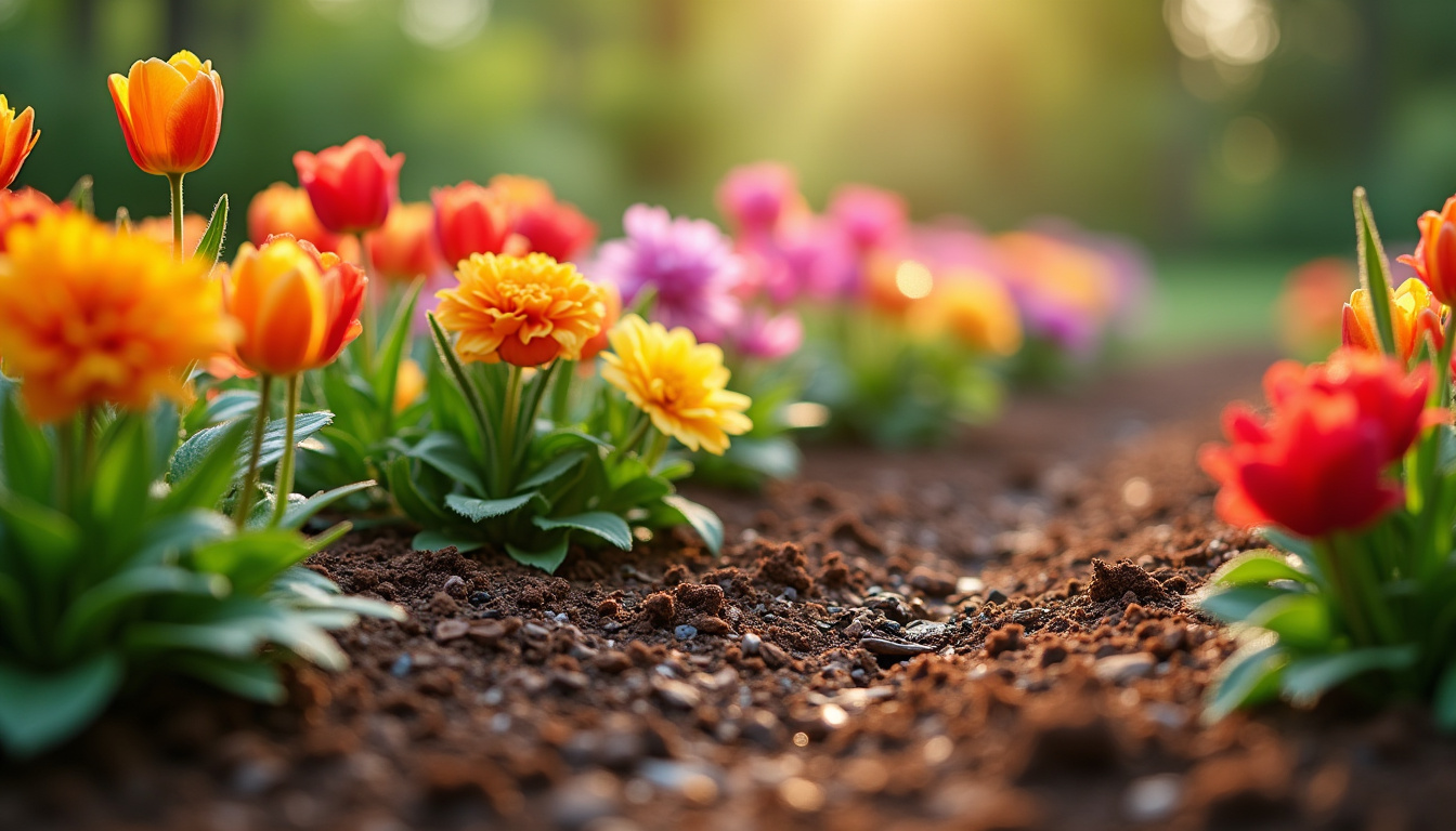 Application de paillage végétal autour de fleurs en pleine terre