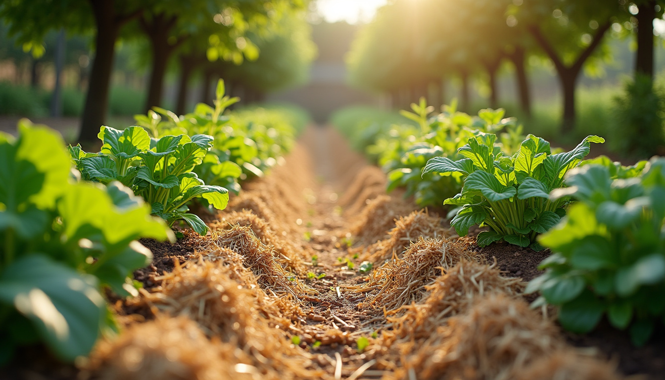 Application différente du paillage: paille autour des légumes dans un potager, broyat de bois autour des arbres fruitiers dans un verger