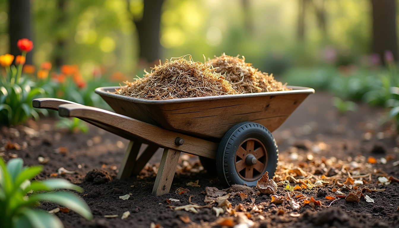 Différents matériaux naturels utilisés pour le paillage d’un jardin: paille, feuilles mortes, tonte de gazon, copeaux de bois
