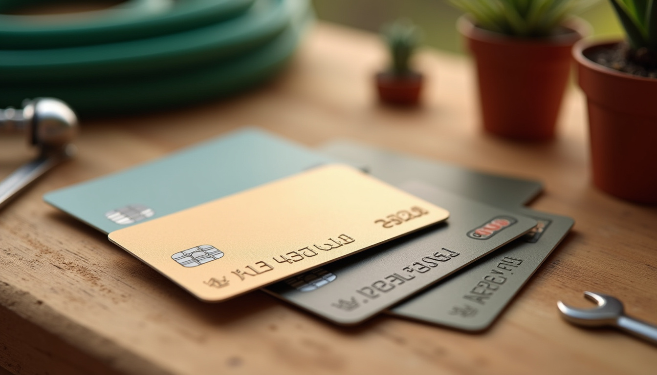 Ensemble de cartes de fidélité de magasins de bricolage posées sur un établi