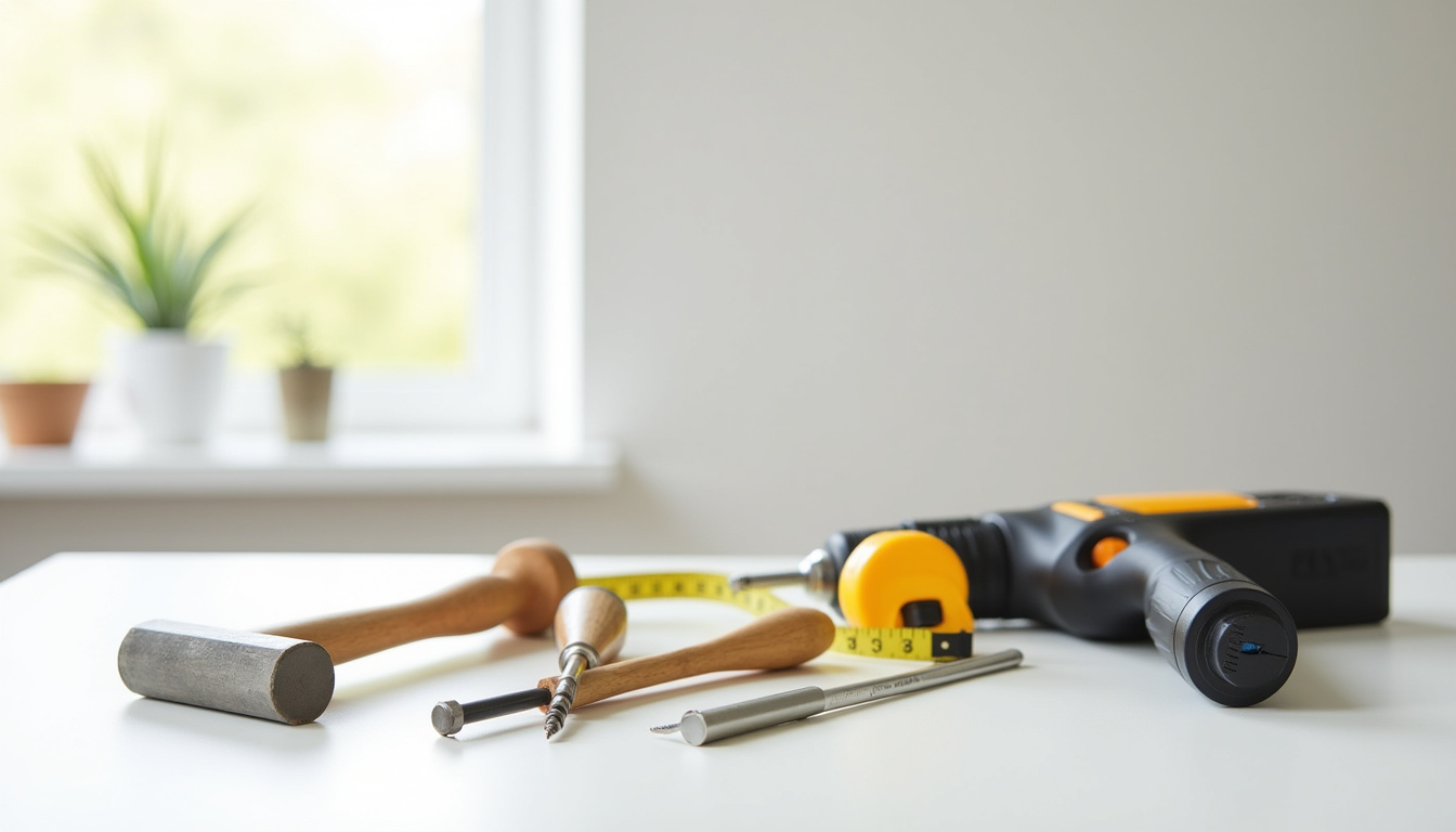 Ensemble d'outils de base pour débutants en bricolage: marteau, tournevis, niveau, mètre, perceuse