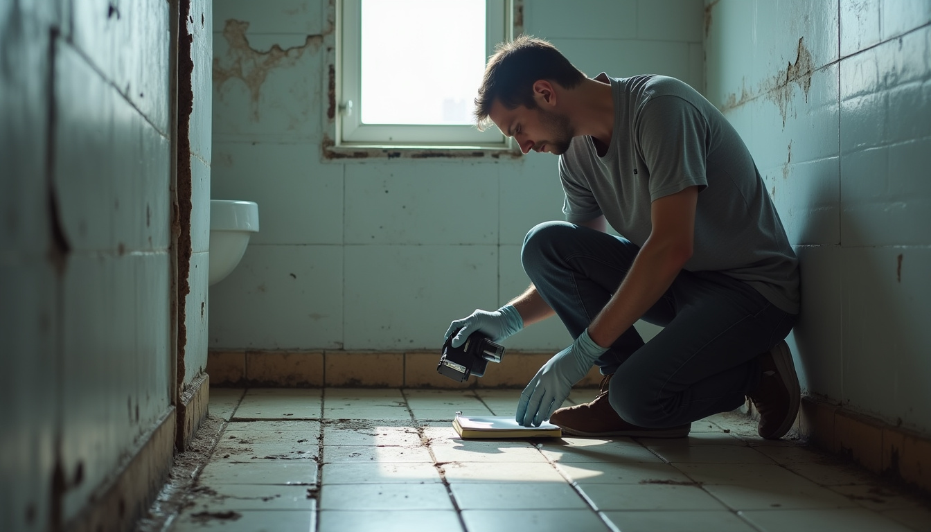 Expert immobilier prenant des notes et photographiant un défaut dans une pièce