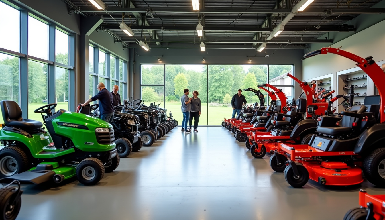 Exposition de machines de motoculture en magasin à Saint-Jean: tondeuses, débroussailleuses et broyeurs alignés