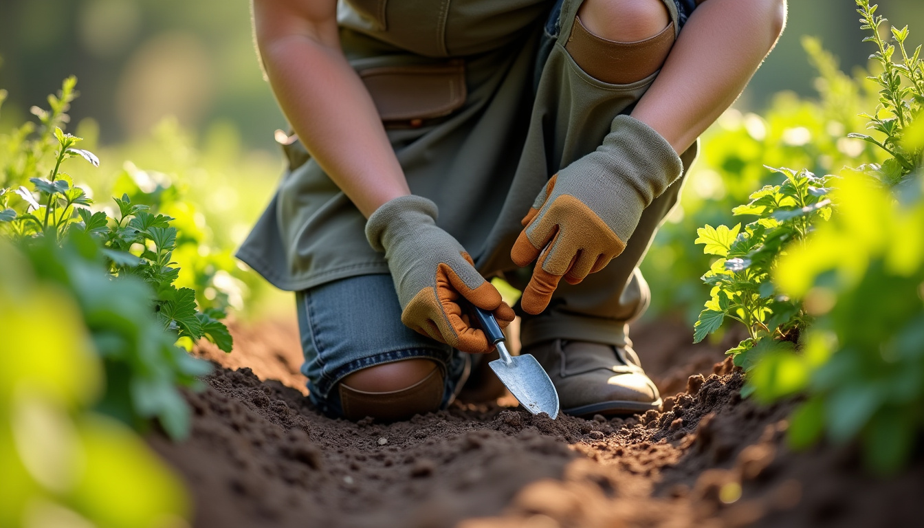 Jardinier portant gants, genouillères et tablier avec poches