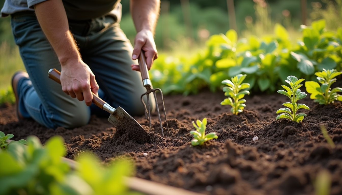 Jardinier utilisant des outils manuels pour biner et bêcher un potager
