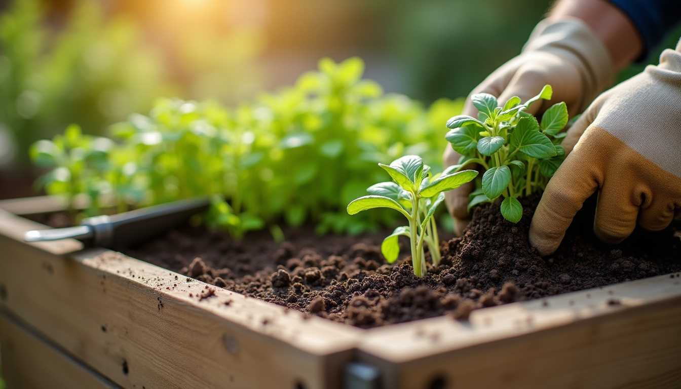 Jardinière remplie de terreau horticole avec des plantes en cours de plantation
