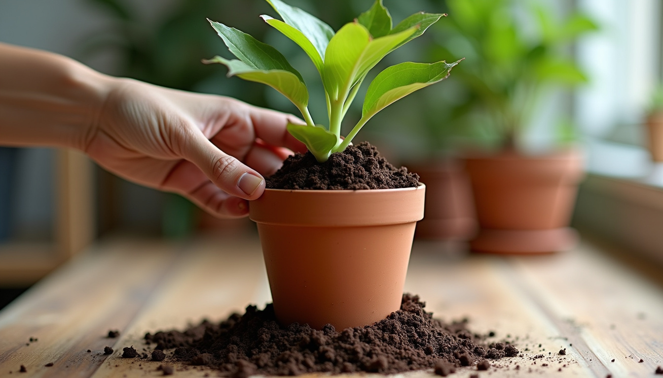 Main en train de rempoter une plante avec du terreau horticole dans un pot