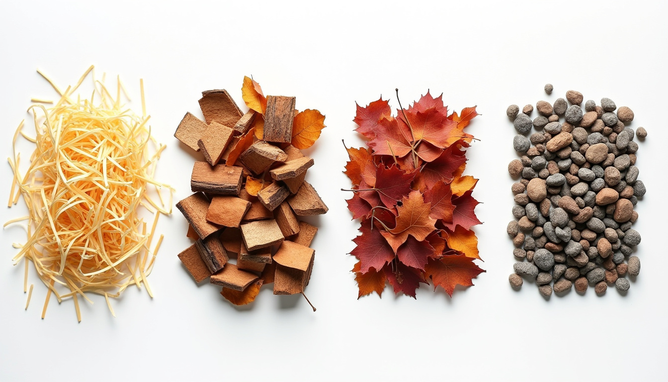 Tableau comparatif visuel des différents matériaux de paillage: paille, écorces, feuilles, gravillons